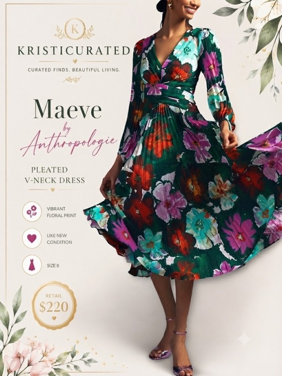 Anthropologie Dresses & Skirts - 🌸 Maeve Anthropologie Pleated Floral Midi Dress Green V-Neck Size 8 Like New
